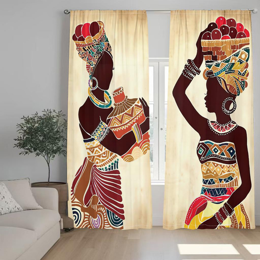 2er-Set Ethnische Vorhänge mit Afrikanischem Frauenmuster in Bunt, Semi-transparent, Breite: 50 cm, Höhe: 50 cm - Bild 3