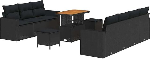 vidaXL Garten-Sofa-Set 10-teilig aus Poly Rattan und Akazienholz in Schwarz mit Tisch und Kissen - Bild 1