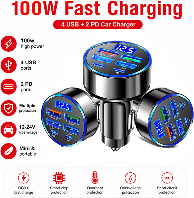 100W 6-Port Autoladegerät mit USB-C Schnellladung PD und QC3.0 in Schwarz für iPhone, Samsung, Huawei und Xiaomi - Bild 1
