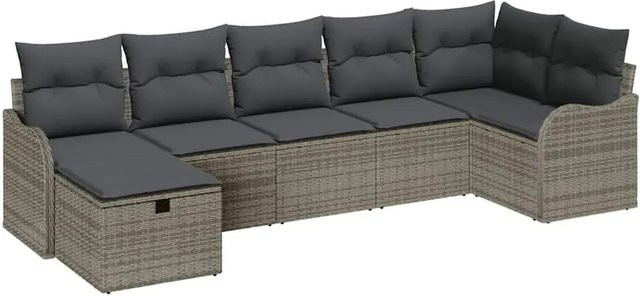 vidaXL Garten-Sofa-Set aus Poly-Rattan in Grau, 7-teiliges L-Shape Lounge-Set mit Kissen, Ottoman und integriertem Stauraum - Bild 1