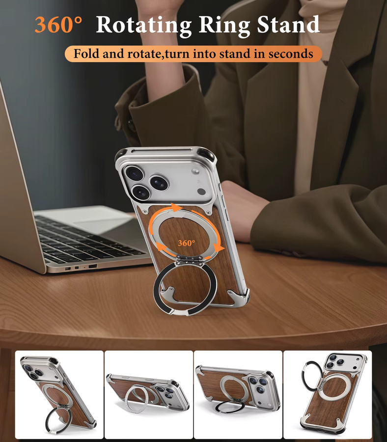 Oatsbasf Massivholz-Handyhülle für iPhone 17 16 Pro/Pro Max mit 360 Grad rotierendem Ringständer und magnetischem Schutz in Schwarz oder Braun - Bild 2