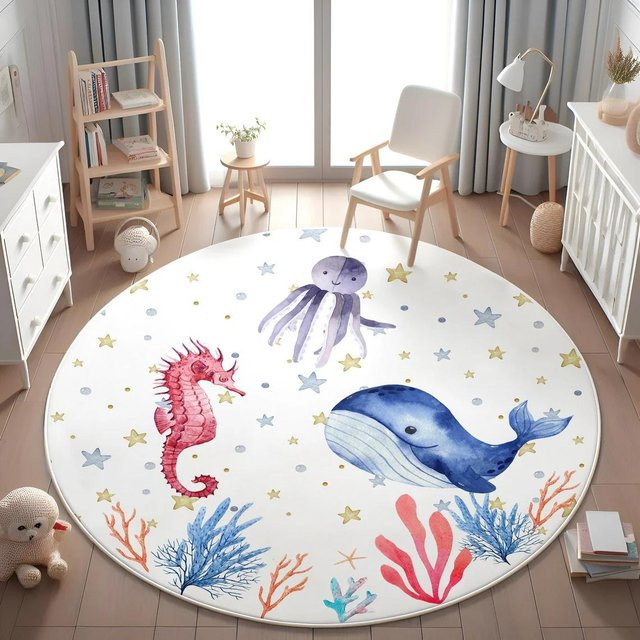 Karpetti Runder Teppich Meerestier Blau Multicolour, Weiche Spielmatte für Kinderzimmer, Wohnzimmer und Schlafzimmer, Durchmesser: 80 cm - Bild 1