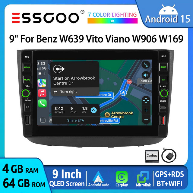 ESSGOO Android 15 Autoradio mit 9 Zoll QLED Touchscreen für Mercedes-Benz Vito Viano W639 W906 W169, 64GB, Schwarz, mit kabellosem CarPlay, Android Auto, GPS, Bluetooth, WiFi und Lenkradsteuerung - Bild 1