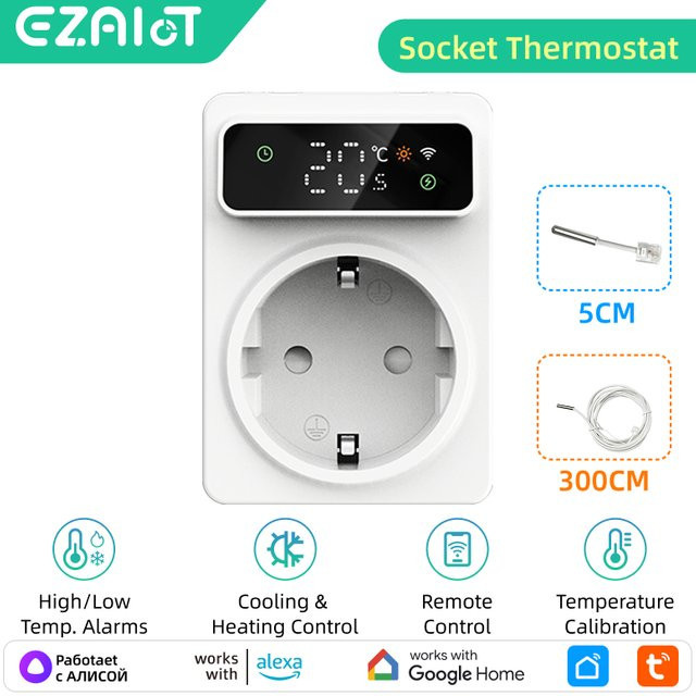 EZAIOT Tuya Wifi Digital Thermostat Steckdose 16A mit 3M NTC Sensor in Weiß - Bild 1