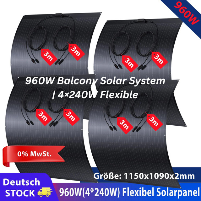 960W Flexibles Solarpanel-Kit mit 4 x 240W Mono-PV-Modulen in Schwarz für Balkon-Stromversorgungssysteme, Wohnmobile und Camper Van, IP67-Schutz - Bild 1