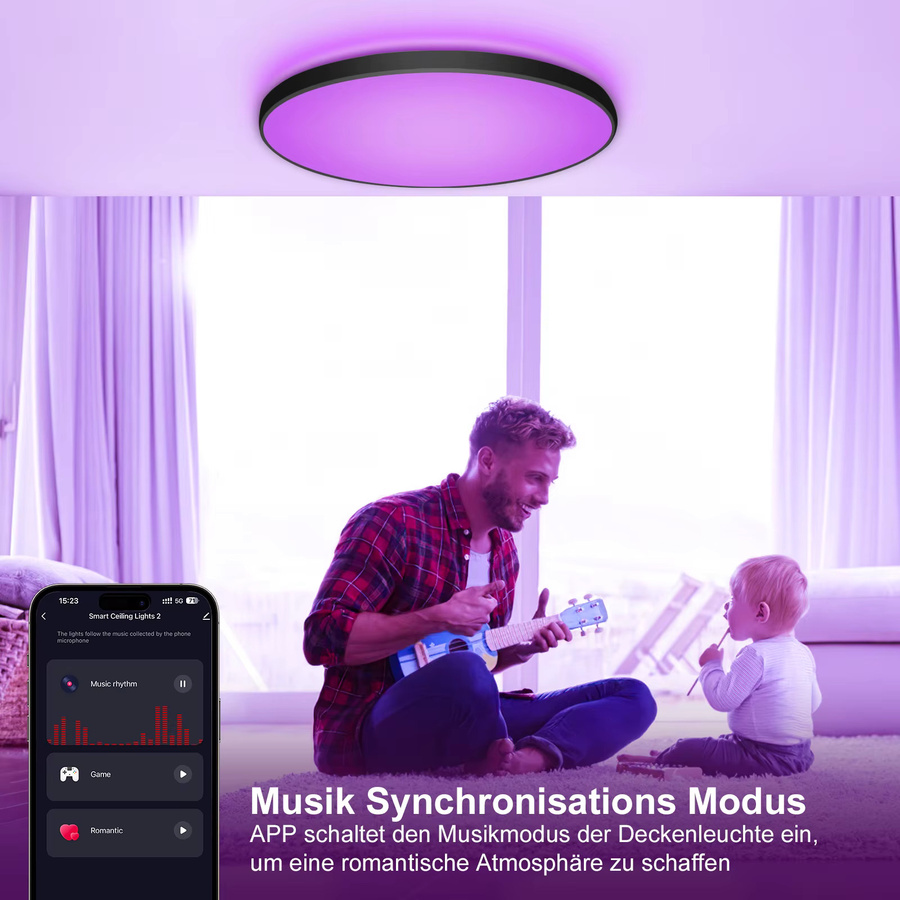 Oeegoo 24-W-LED-Deckenleuchte mit Fernbedienung und App-Steuerung, 2400 lm, RGB-Farben, Weiß, Durchmesser: 30 cm - Bild 4