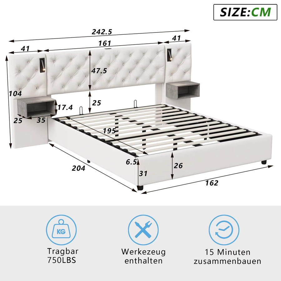 Polsterbett HYNHXBP aus Samtstoff mit USB-Ladefunktion, integrierter Leselampe und Nachttischschubladen, Breite: 140 cm, Tiefe: 200 cm - Bild 2