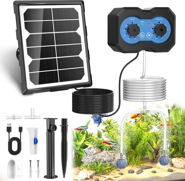 Forever Speed Solar Teichbelüfter mit Akku und USB-Doppelladen, Aufladbare Sauerstoffpumpe für Teich, Aquarium und Fischzucht in Schwarz mit 146 einstellbaren Modi - Bild 1