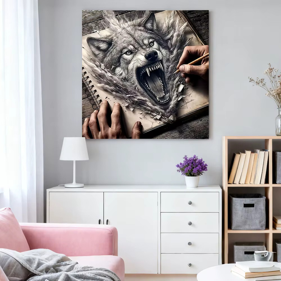 HUACAN Diamant-Gemälde Wolf in Schwarz und Weiß als modernes Mosaik mit runden Bohrern zur Wanddekoration - Bild 3