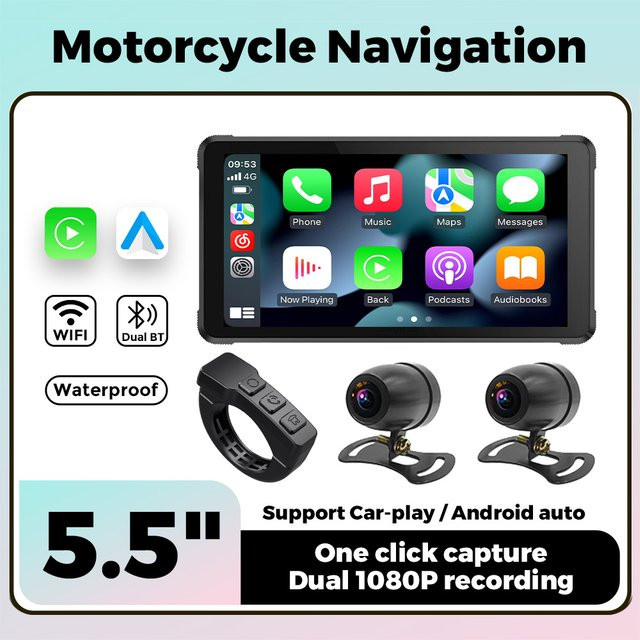 MEKEDE Motorrad GPS Navigation mit 5,5 Zoll IPS-Bildschirm, Wasserdichter Carplay und Android Auto Monitor mit Dual Lens Dash Cam Recorder in Schwarz - Bild 1
