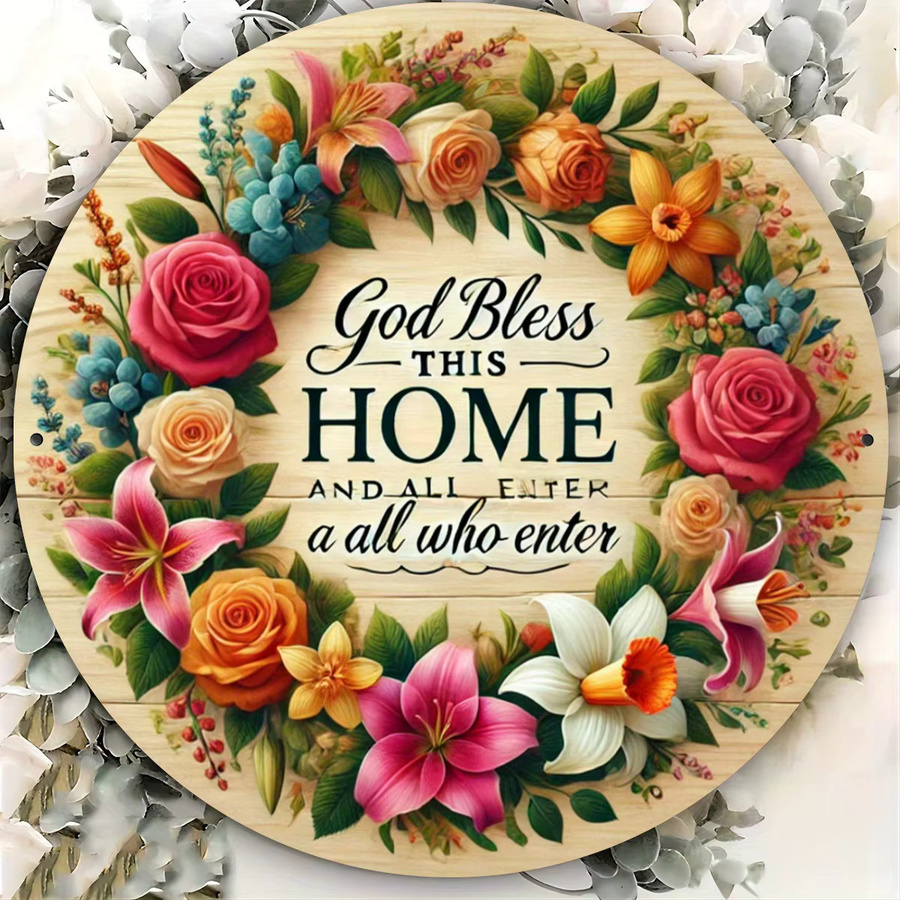 Potdemiel Rundes Metallschild God Bless This Home in Multicolour mit Floralem Design, Durchmesser: 20,32 cm - Bild 3
