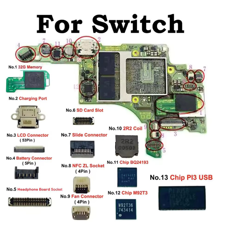 TingDong Ersatz-Motherboard für Nintendo Switch mit USB-C Ladeanschluss, 32G Speicher, LCD-Bildschirm und FPC-Anschluss - Bild 2
