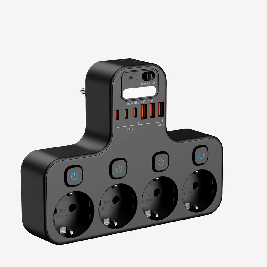 DODOYESANA Multifunktionssteckdose mit Nachtlicht und Telefonhalter, 4000 W, Schwarz, 4 AC-Steckdosen, 2 USB-A und 2 USB-C - Bild 2