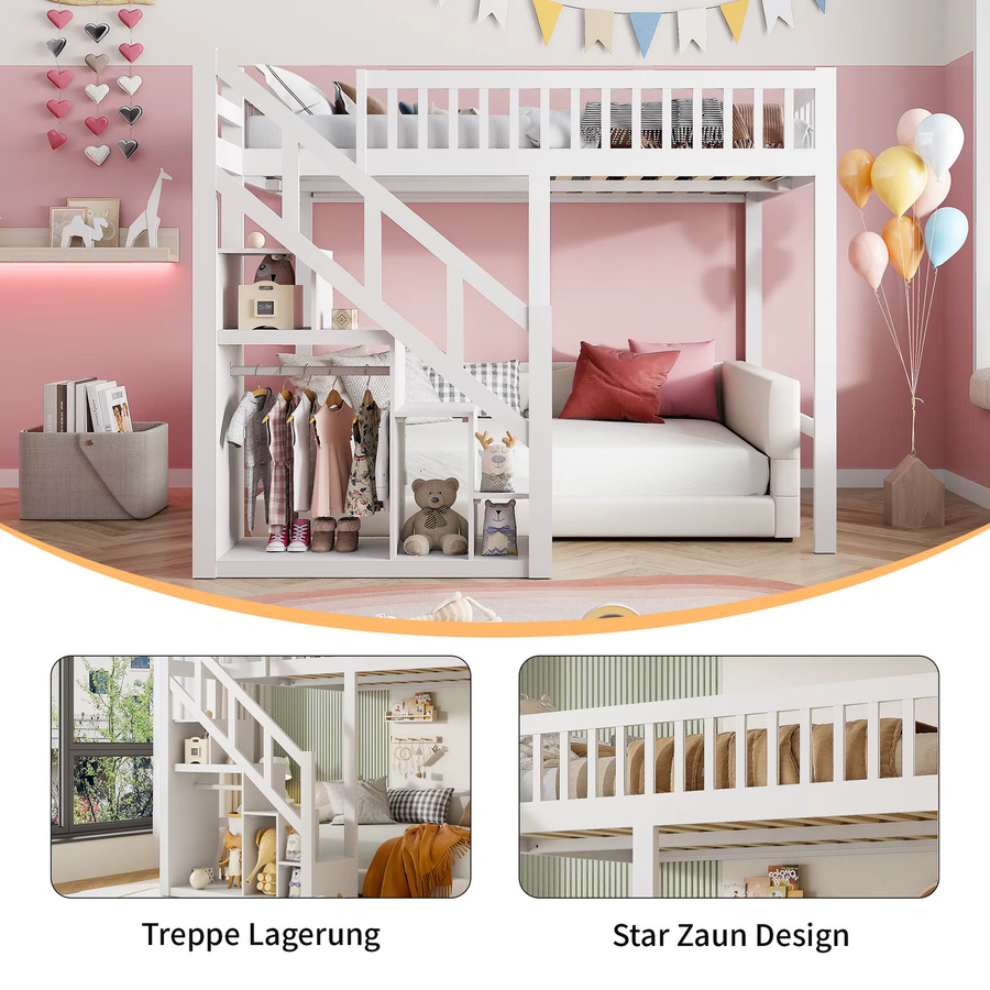 Comanlai Etagenbett für Kinder aus Massivholz mit Treppe und Ablagefächern, Weiß, B/T: 140 x 200 cm und 90 x 200 cm - Bild 2