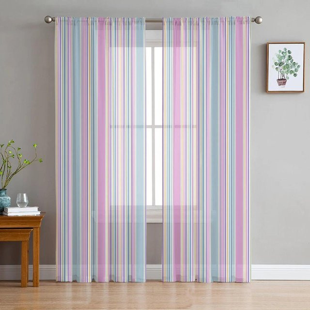 Transparenter Tüll-Vorhang von A Family Of Home Textiles mit schwarz-weißen unregelmäßigen vertikalen Streifen für Wohnzimmer und Schlafzimmer, Breite: 135 cm, Höhe: 137 cm - Bild 1