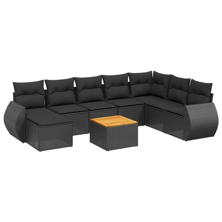 vidaXL 9-tlg Garten-Sofagarnitur aus Poly-Rattan und Akazienholz in Schwarz mit Kissen - Bild 2