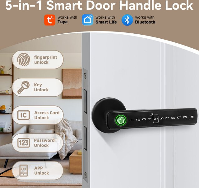 Tuya Smart Türschloss mit Fingerabdruck, IC-Karte und Passwort in Schwarz für Smart Life Home Automation - Bild 1