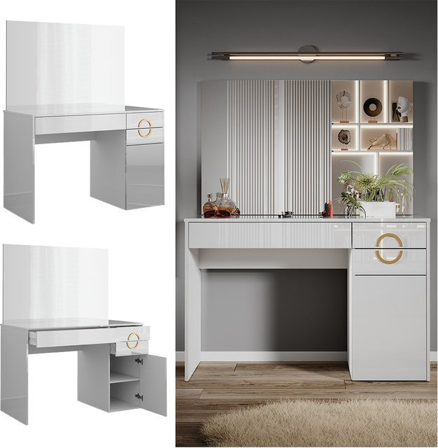 Vicco Schminktisch Adela Frisierkommode mit Spiegel in Weiß Hochglanz, B: 115 cm, T: 76 cm - Bild 1