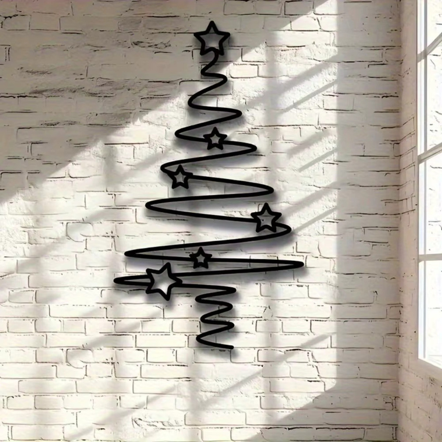 CIFBUY 2D-Weihnachtsbaum-Wandskulptur aus Metall in Schwarz mit floralem Design und Sternen zur Dekoration für Innen und Außen - Bild 5