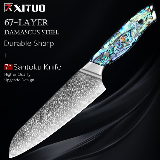 Xituo Santoku Japanisches Kochmesser aus Damaskus Edelstahl mit Full Tang Griff, 17,78 cm - Bild 1