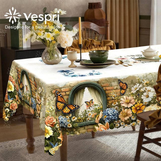 Vespri Frühlings- und Oster-Tischdecke mit Blumenmuster und Schmetterlingen in Weiß und Gelb für deine Party - Bild 1
