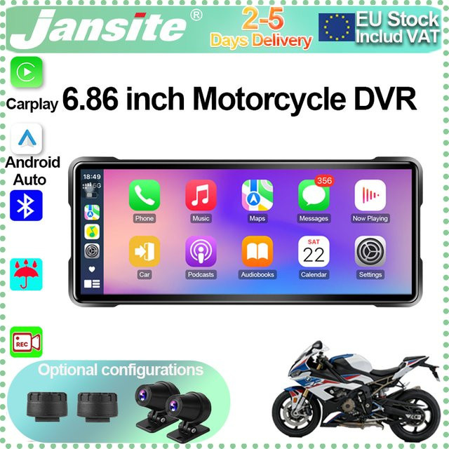 Jansite Tragbarer Motorrad-DVR mit 6,86 Zoll Display, Kabelloses CarPlay, Android Auto Mirror Link, IP67 Wasserdicht, Bluetooth 5.0 und GPS-Navigation, Schwarz - Bild 1