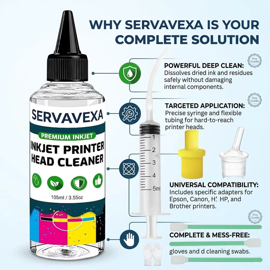 SERVAVEXA Tintenstrahl-Druckkopf-Reinigungsset mit 105 ml Lösung zur Reinigung von Druckdüsen für Epson, HP, Canon, Brother und Lexmark - Bild 2