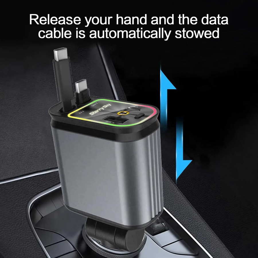 4-in-1 Einziehbares Autoladegerät mit USB-Typ-C-Kabel und 2 USB-C Ladeanschlüssen in Schwarz - Bild 2