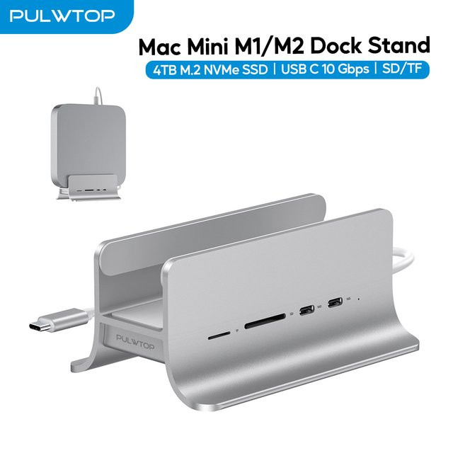 PULWTOP 5-in-1 USB-C Hub für Mac Mini M1/M2 in Silber mit M.2 NVMe SSD-Erweiterung, 2x USB-C 3.2 10Gbps sowie SD/TF-Kartenslots - Bild 1