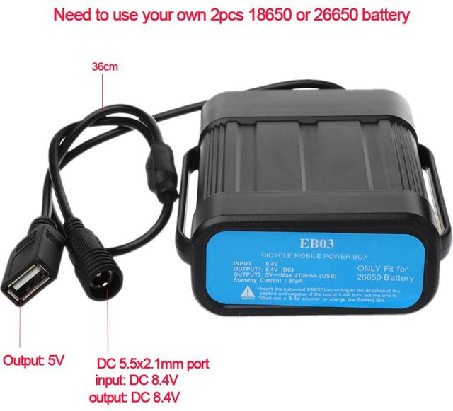 Deek-Robot Wasserdichtes Akkugehäuse mit Dual-Schnittstelle USB-A und USB-C für 18650 und 26650 Akkupacks in Schwarz und Blau - Bild 1