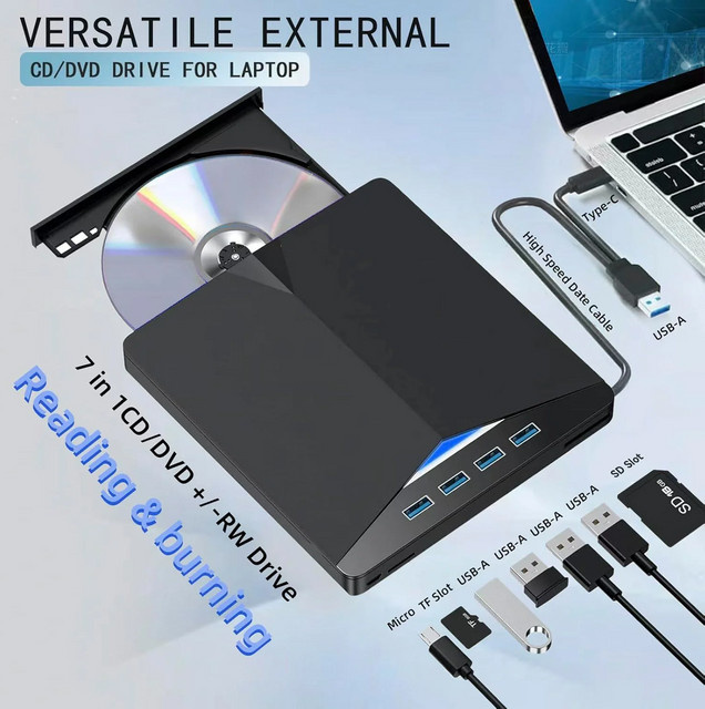 LOLGOOD 7-in-1 Externes DVD CD RW Laufwerk mit USB 3.0 und USB-C Anschluss, DVD Brenner und Lesegerät in Schwarz - Bild 1