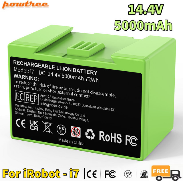 Powtree Akku-Ersatz für iRobot Roomba e- und i-Serie, 14,4 V 5000 mAh, kompatibel mit i7, i7+, e5, 7150, 7550, i3, 3150, i3+, 3550, i4, 4150, i4+ - Bild 1
