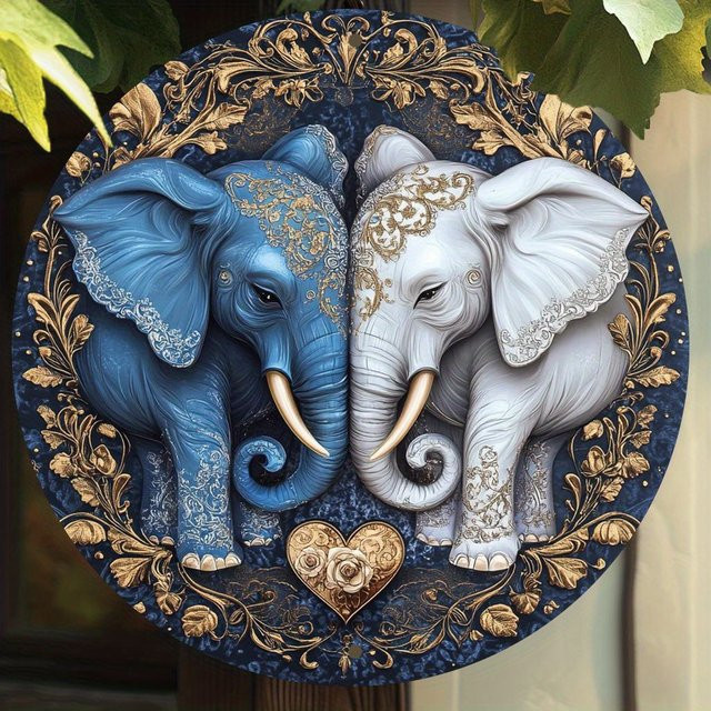 Potdemiel Vintage Elefanten-Paar Wandkunst aus Metall, rundes Aluminiumschild in Multicolour, Durchmesser: 20,3 cm - Bild 1