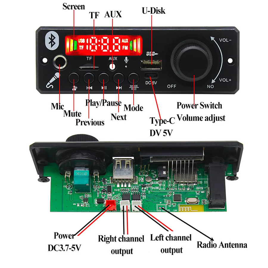 KEBIDU Bluetooth MP3-Player Decoder-Board mit 6W Verstärker, USB und TF-Slot, Stereo-Audio-Modul in Schwarz - Bild 6