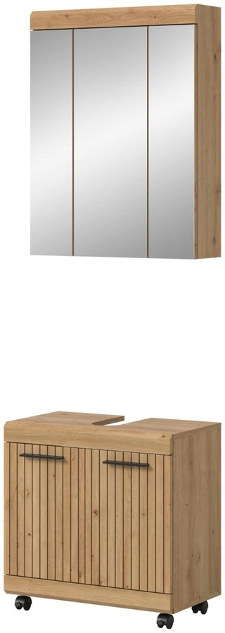 Badmöbel Set Shawn in Eiche braun matt, 2-teilig bestehend aus Waschtischunterschrank und Spiegelschrank, Breite: 60 cm - Bild 4