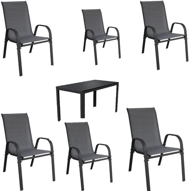 Lex 7-teiliges Gartenmöbel Set Sitzgruppe mit Stapelstühlen und Gartentisch in Anthrazit und Schwarz - Bild 1