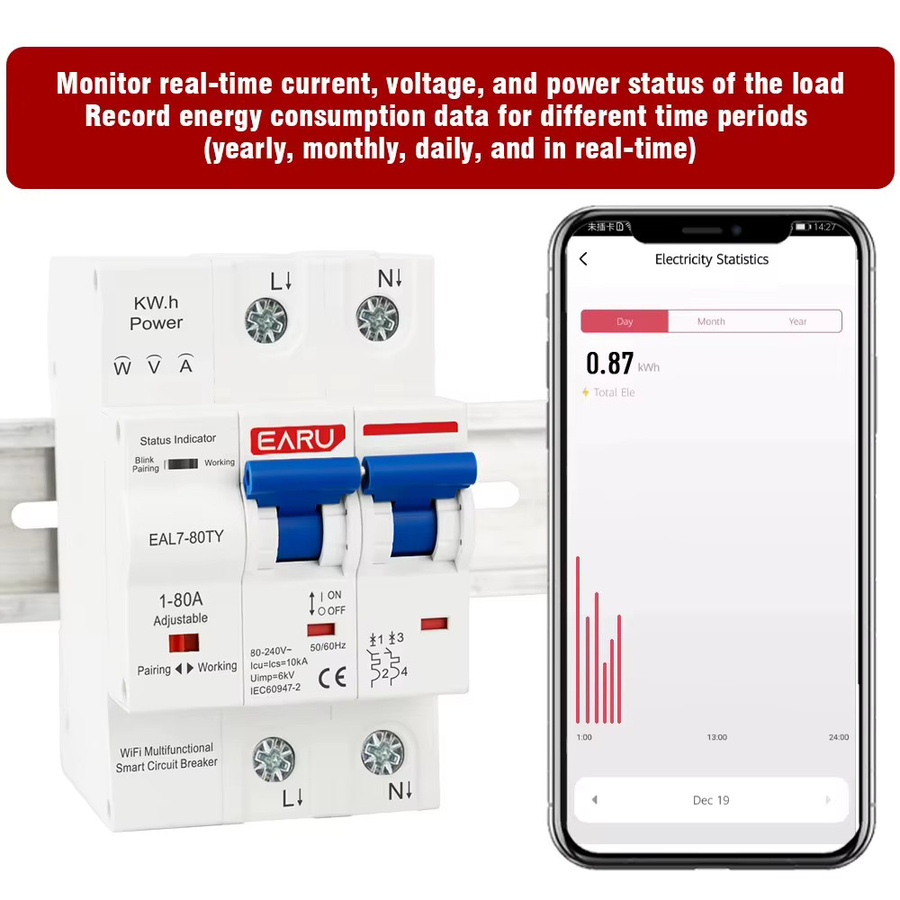 EARU 80A Tuya App WiFi Smart MCB Schutzschalter mit Strom-Spannungs-kWh-Energiemesser und Überlast-Kurzschlussschutz in Weiß - Bild 3