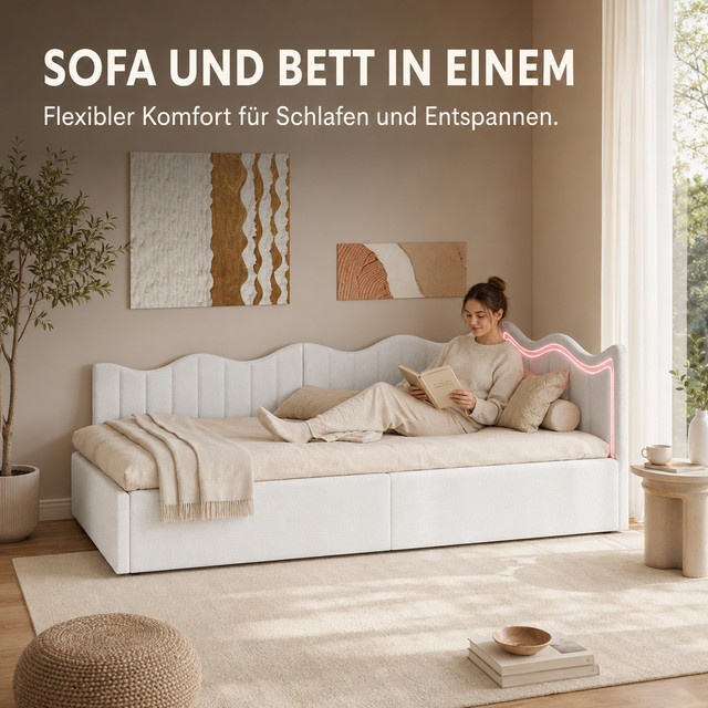 KeepGoon Kinderbett als Schlafsofa mit Plüschbezug und Holzrahmen in Weiß, B/T: 90 x 200 cm - Bild 1