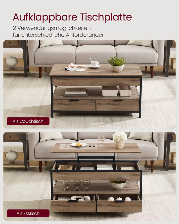 VASAGLE Couchtisch höhenverstellbar in Schwarz und Braun mit Schubladen und offenem Fach, B/T/H: 100 x 50 x 48-63 cm - Bild 2