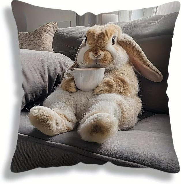 VIKAMA Kissenbezug mit Cartoon Kaninchen Design, doppelseitig bedruckt, braun, B/B: 30 x 30 cm - Bild 1