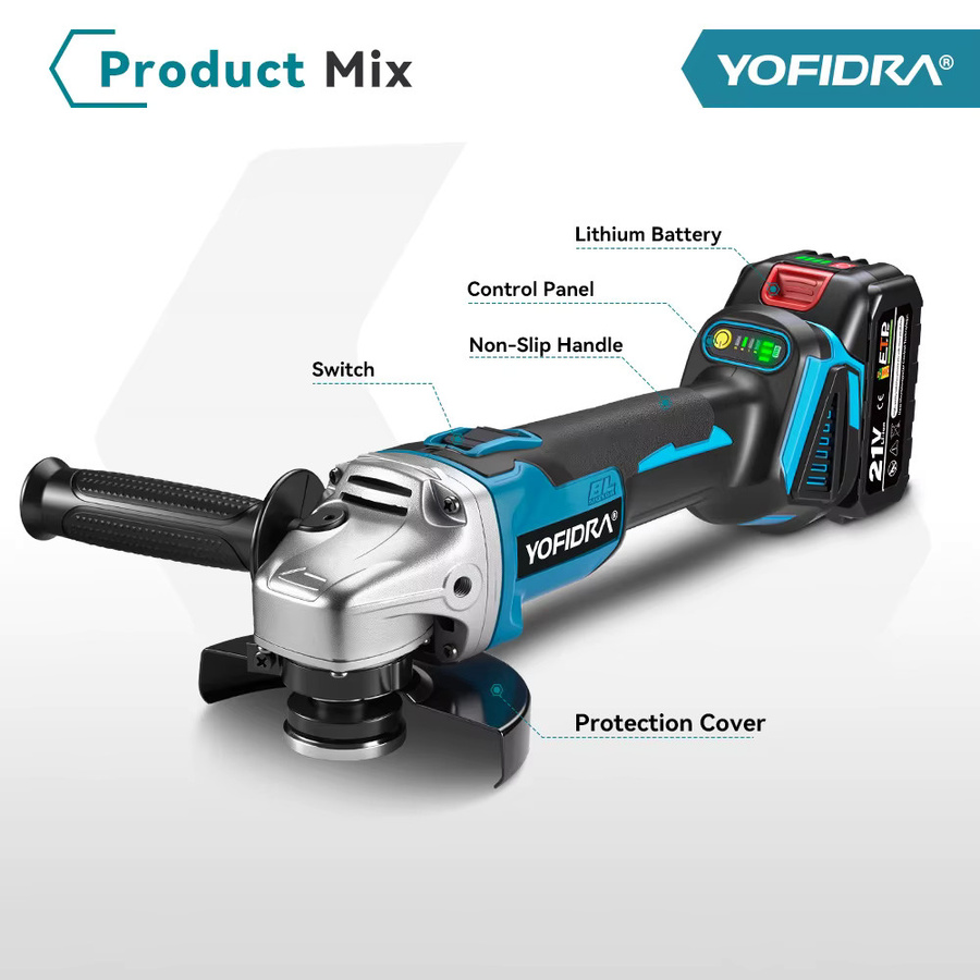 YOFIDRA Bürstenloser Akku-Winkelschleifer 125mm mit 4-Gang-Einstellung in Blau, kompatibel mit Makita LXT Akkus - Bild 5
