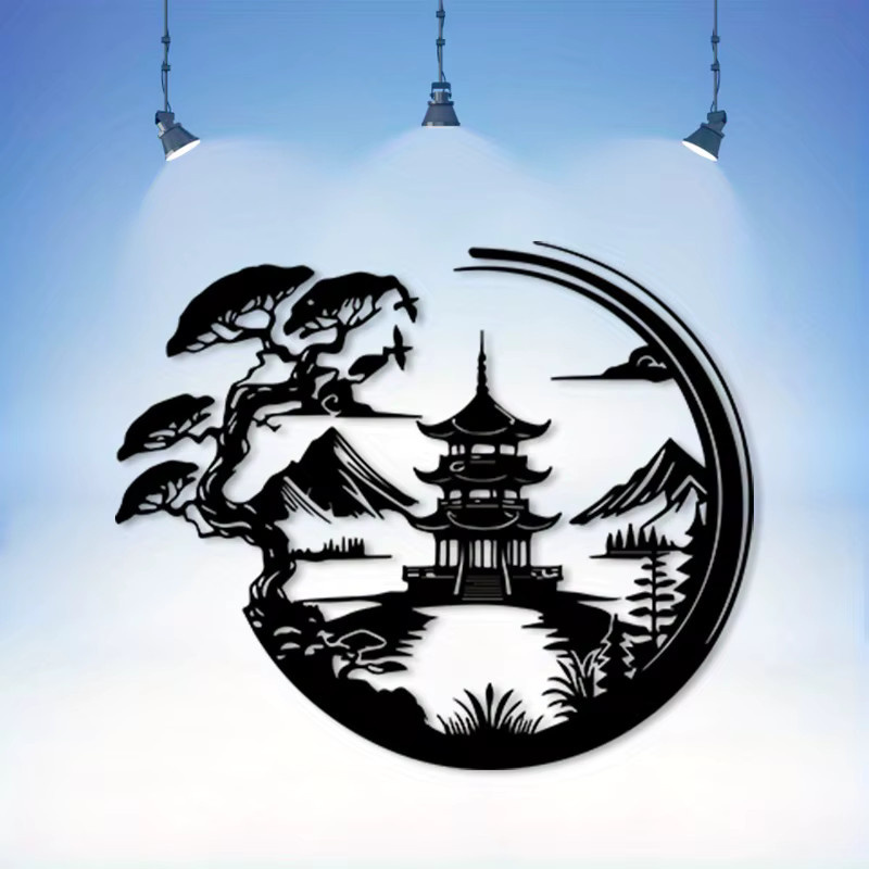 CIFBUY Metall-Wandkunst Pagoden-Motiv Mondlichtnacht in Schwarz im asiatischen Stil - Bild 2