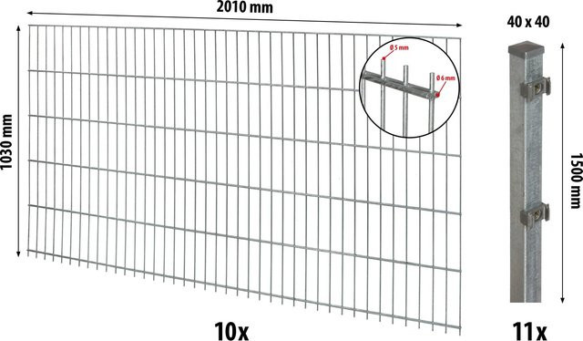 Floraworld Doppelstabmatten-Zaunset aus verzinktem Stahl in Silber/Grau inklusive Pfosten, Höhe: 2000 cm, Breite: 103 cm, Pfostenmaß: 4 x 4 cm - Bild 1