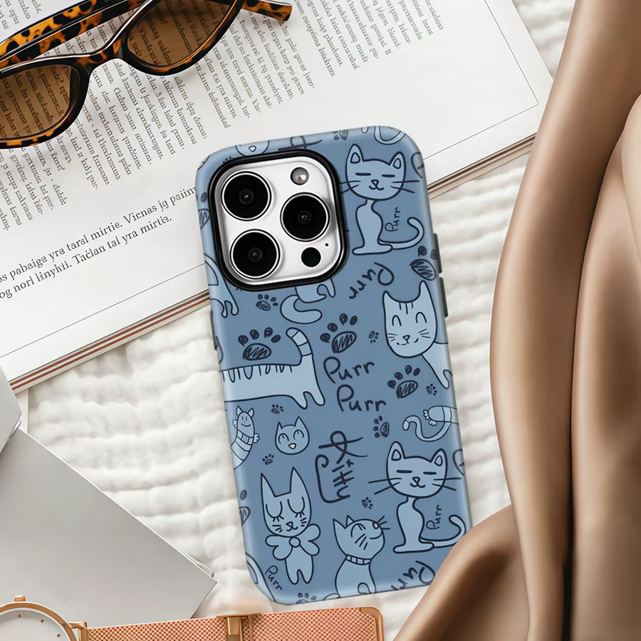 Robuste Katzen-Doodle Handyhülle für Apple iPhone 17 16 15 14 13 Pro Max Plus mit Magnetfunktion in Blau - Bild 4