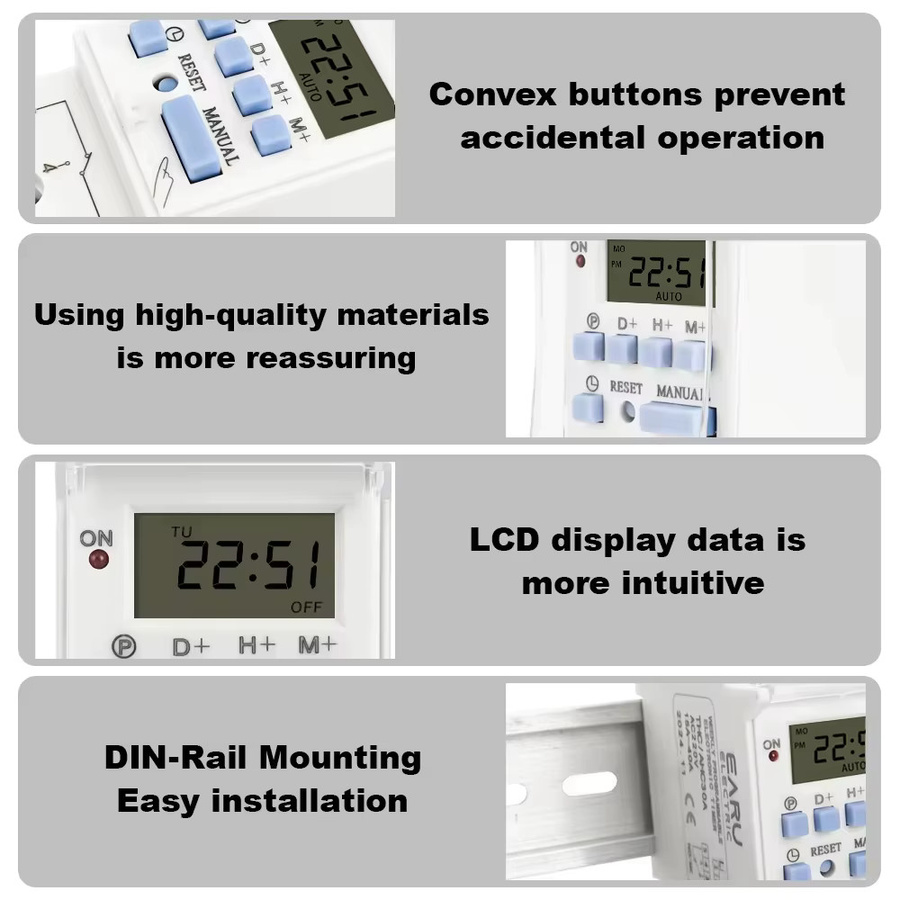 EARU Elektronischer 7-Tage-Zeitschalter mit LCD-Digitalanzeige zur DIN-Schiene, 220V DC/AC, 12V, 15A/30A, Relaissteuerung 1NO/1NC, Weiß - Bild 3