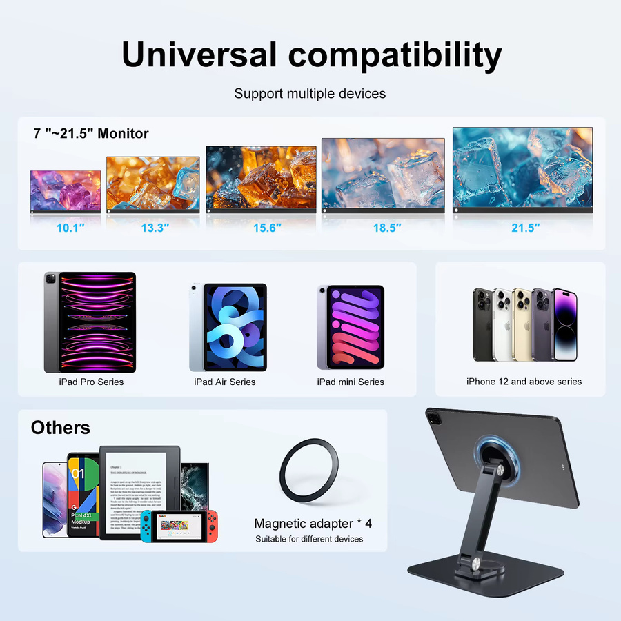 UNEW Magnetischer 360 Grad Drehbarer Monitorständer aus Metall in Schwarz für Tablets und Smartphones von 7 bis 21,5 Zoll - Bild 3