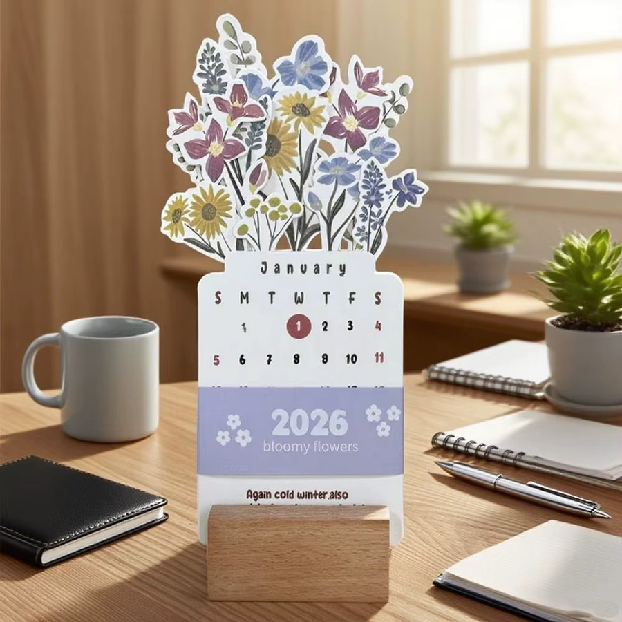 DIY Tischkalender mit Holzsockel in Vasenform und blühenden Blumen als Monatsplaner in Mehrfarbig - Bild 2