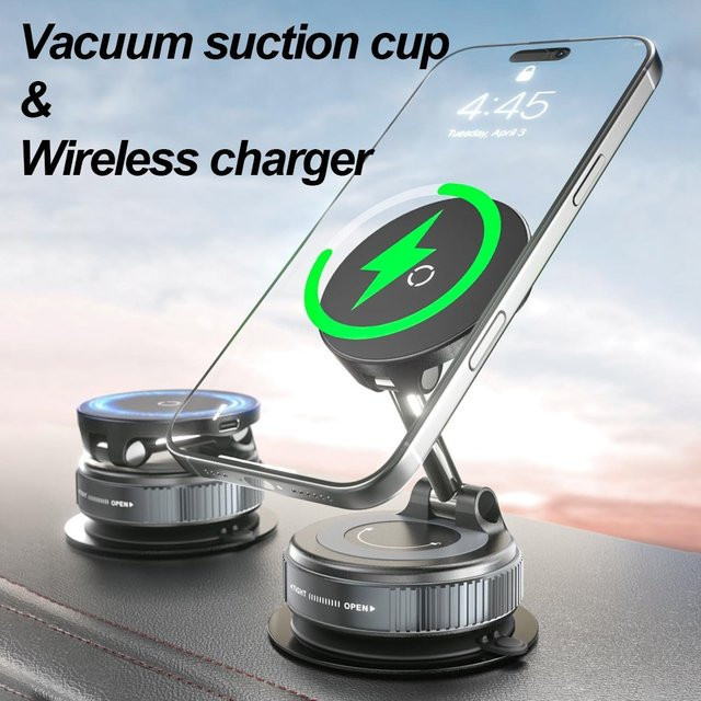 VIKEFON Magnetischer kabelloser Ladegerät-Telefonhalter für das Auto mit 360 Grad Rotations-Vakuum-Saugnapf in Schwarz für iPhone 16 15 14 13 12 Schnellladestation - Bild 1