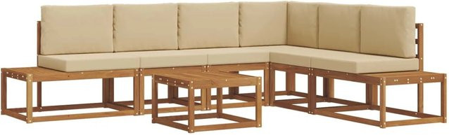 vidaXL Outdoor-Sofagarnitur in L-Form aus massivem Akazienholz mit 7 Kissen in Natur und Beige - Bild 1