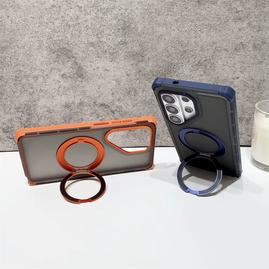 Stoßfeste matte Handyhülle mit drehbarer Halterung und MagSafe Kompatibilität für Samsung Galaxy S26 Ultra, S25 und S24 Ultra Plus mit transparenter Rückseite in Orange und Silber - Bild 2